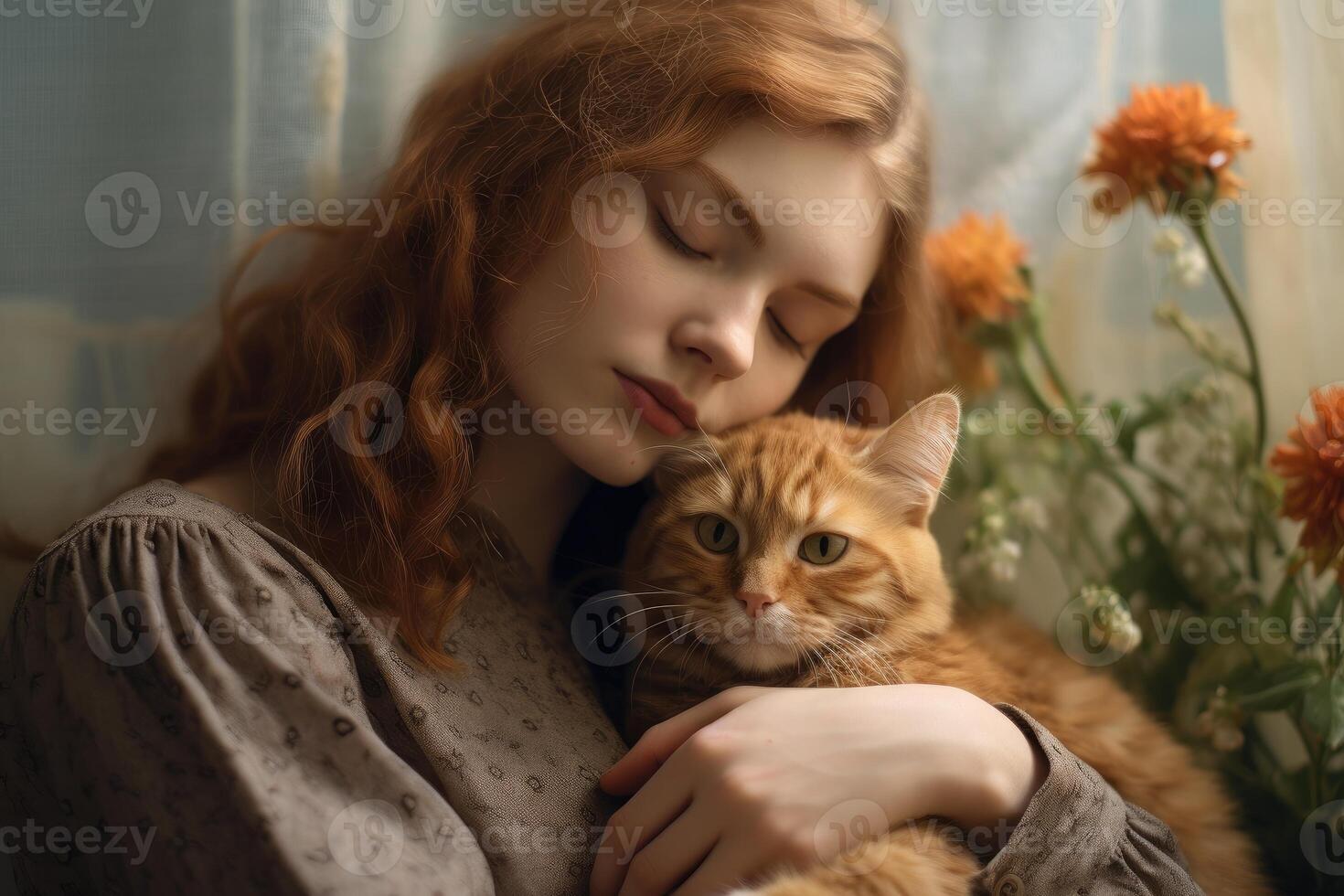 A photo of a woman sitting peacefully, cradling her cat in her arms, as she plants a gentle kiss on its head. Generative AI