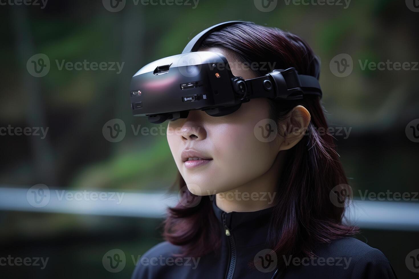 A photo of a person wearing an advanced wearable device that enhances their cognitive abilities, such as memory augmentation or real - time language translation.