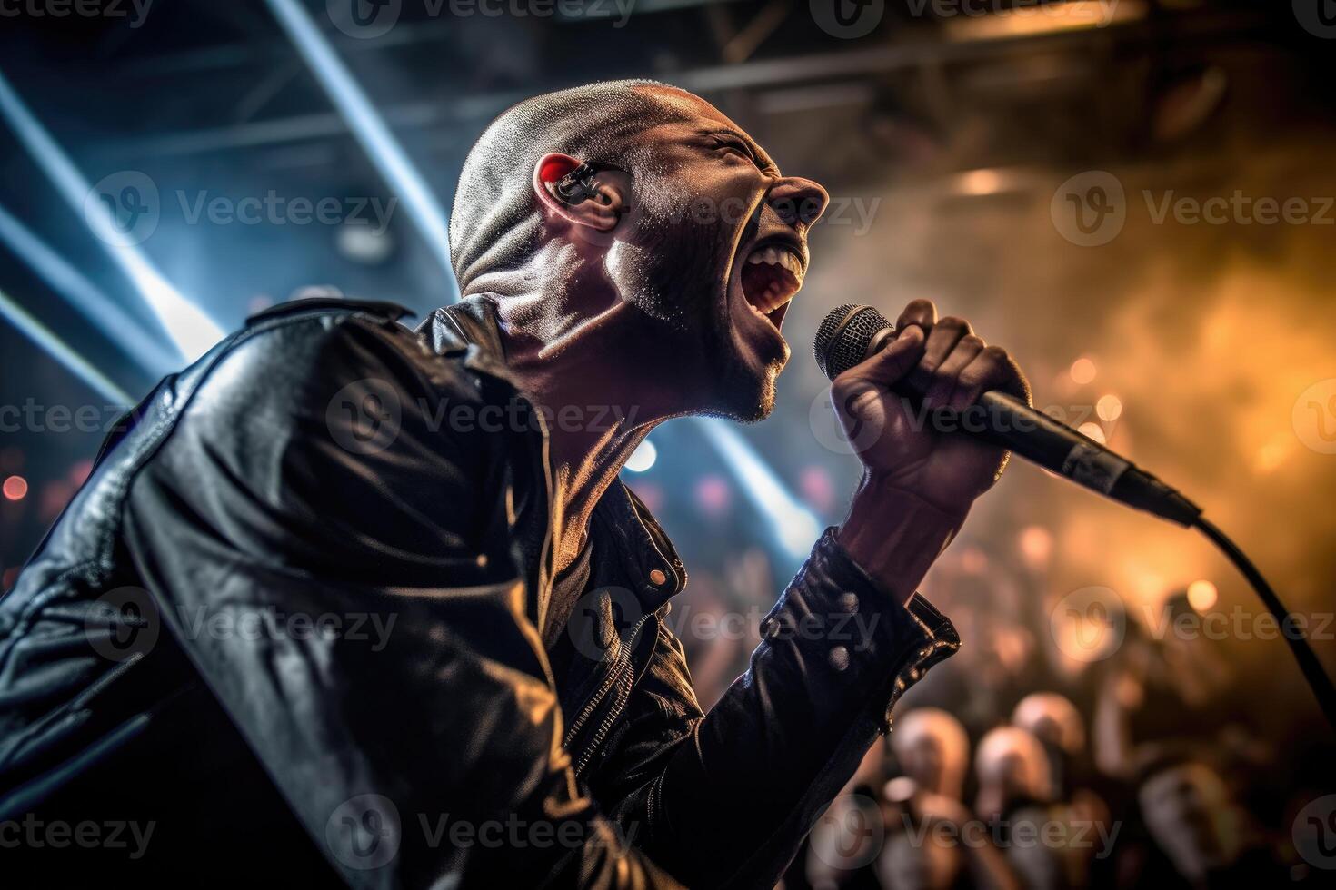 A photo of the lead vocalist on stage, belting out powerful lyrics with passion and energy.