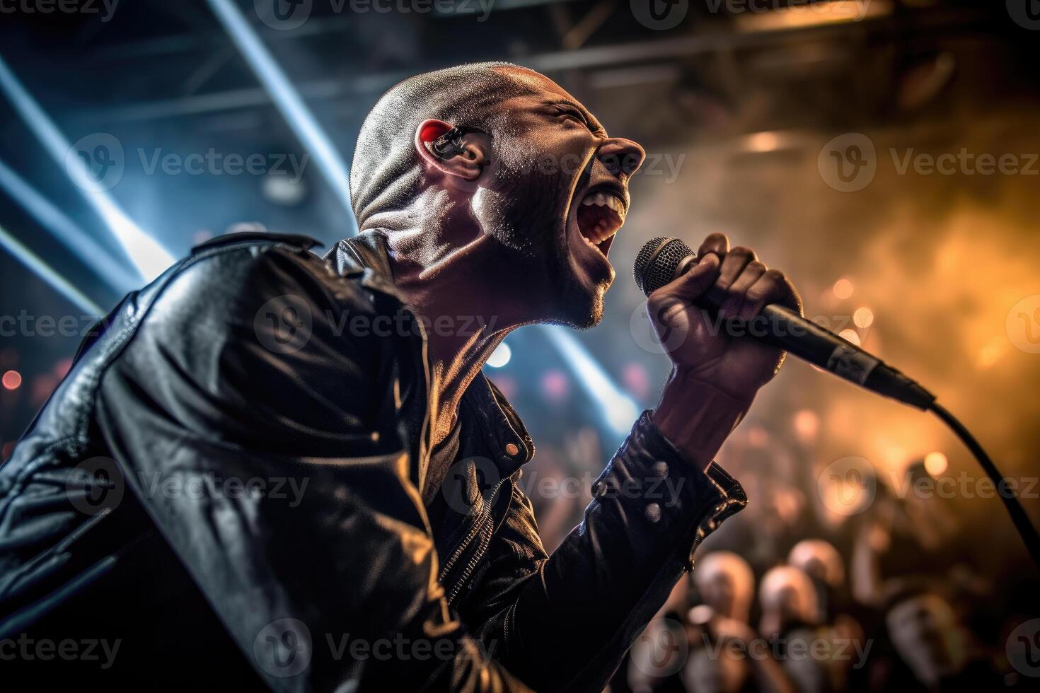 A photo of the lead vocalist on stage, belting out powerful lyrics with passion and energy. Generative AI