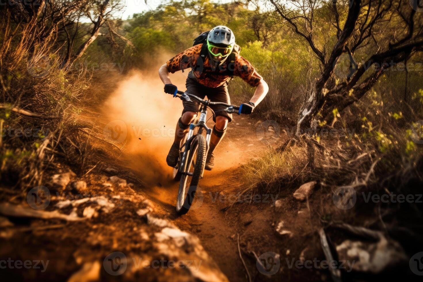 An action shot of a mountain biker speeding downhill on a rugged trail. Generative AI photo