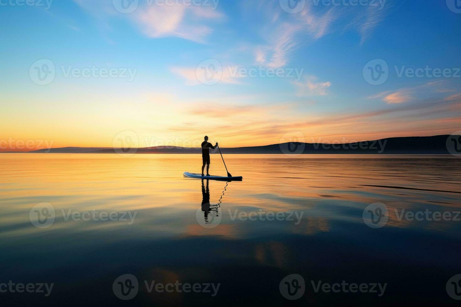 un sereno Disparo de un paddleboarder deslizamiento a través de un calma lago a amanecer. generativo ai foto