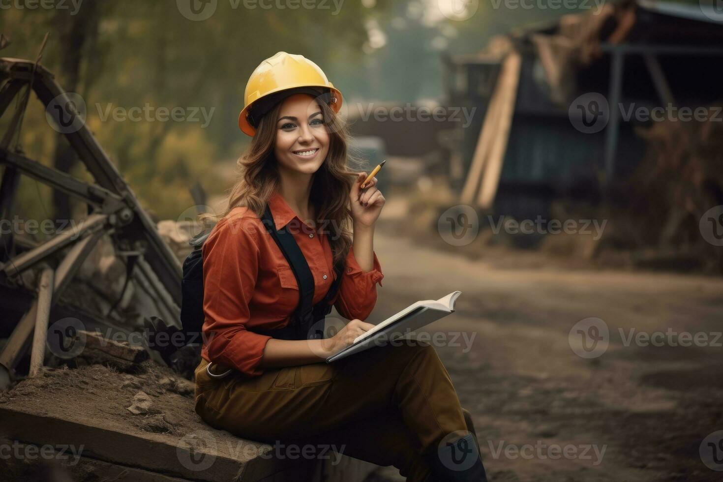 foto de mujer trabajando en un espacio de trabajo, casco, sonriente y participación un cuaderno. generativo ai