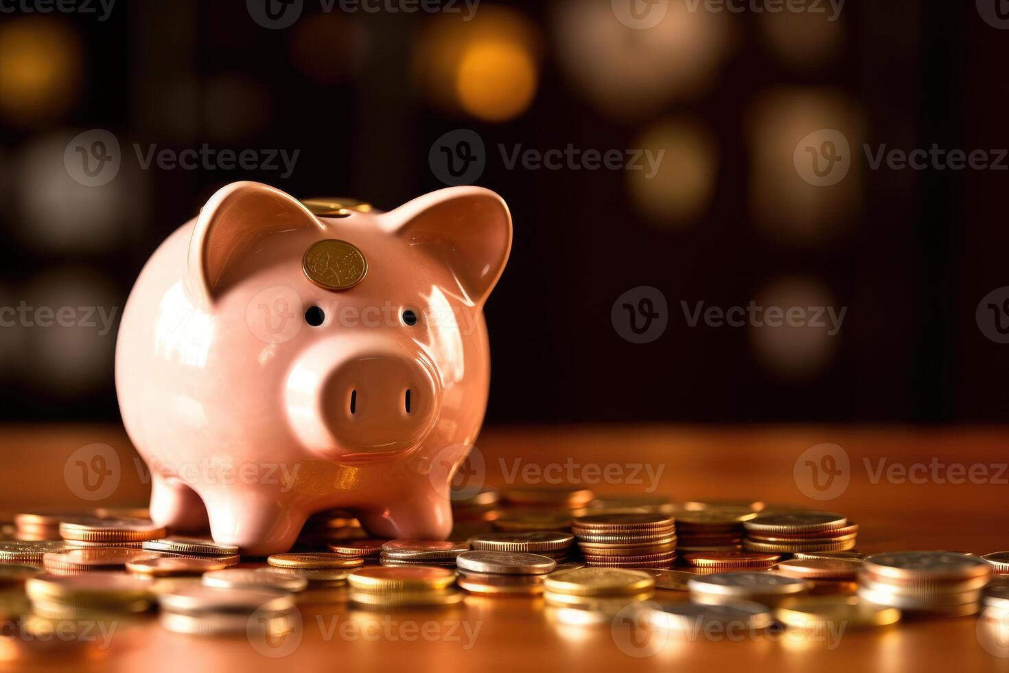 Concept of saving a piggy bank full of coins and banknotes for the future. photo