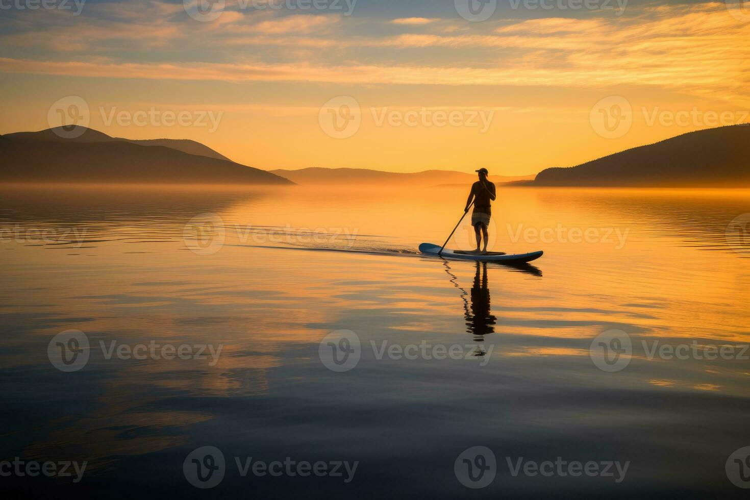 un sereno Disparo de un paddleboarder deslizamiento a través de un calma lago a amanecer. generativo ai foto