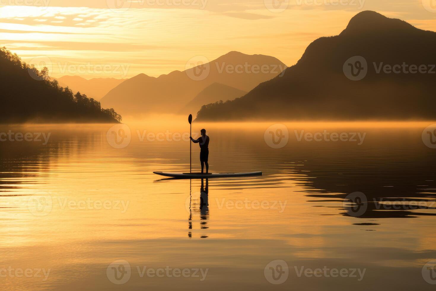 A serene shot of a paddleboarder gliding across a calm lake at sunrise. Generative AI photo