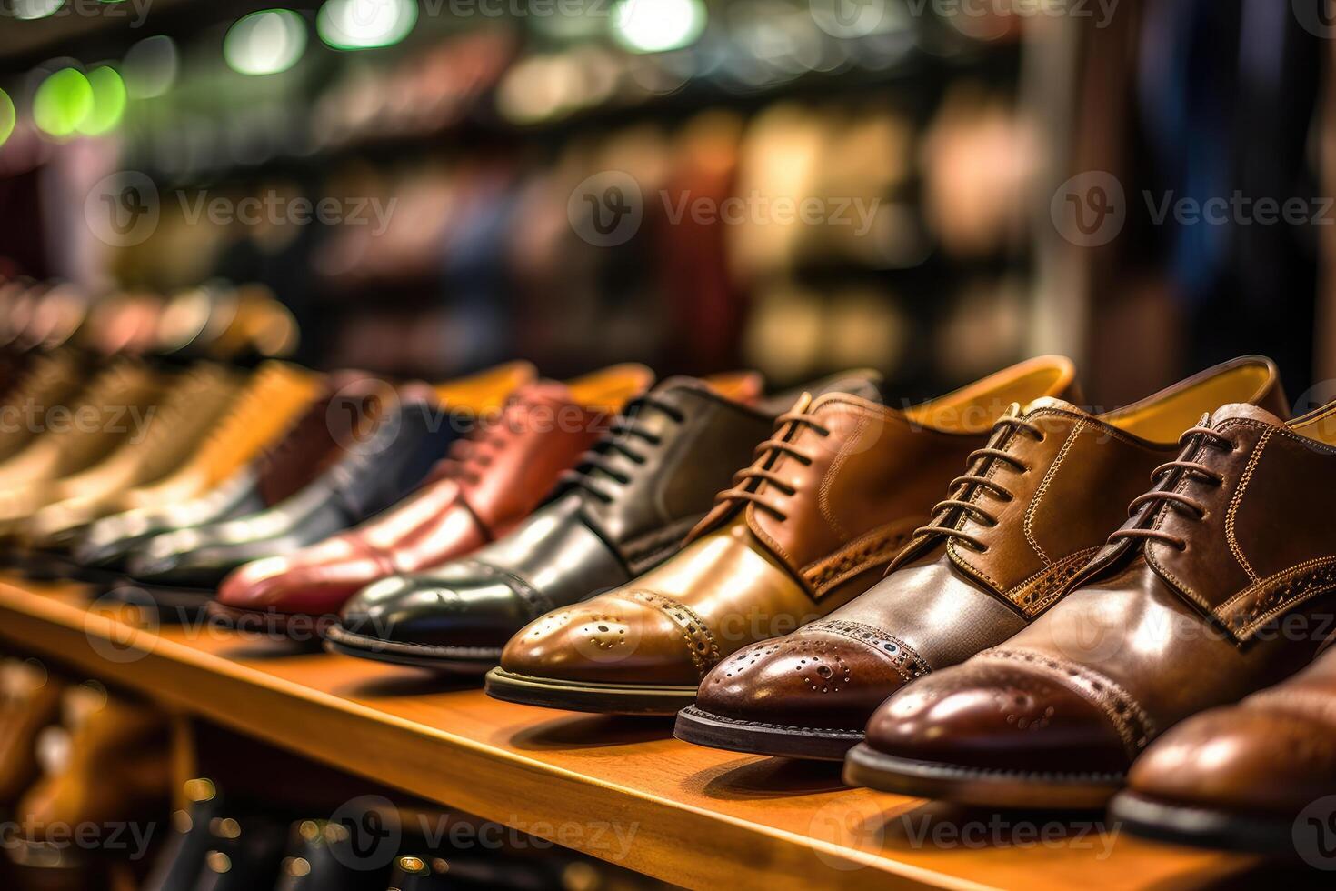 A close - up shot of a rack of shoes in a high - end shoe store.  Generative AI photo