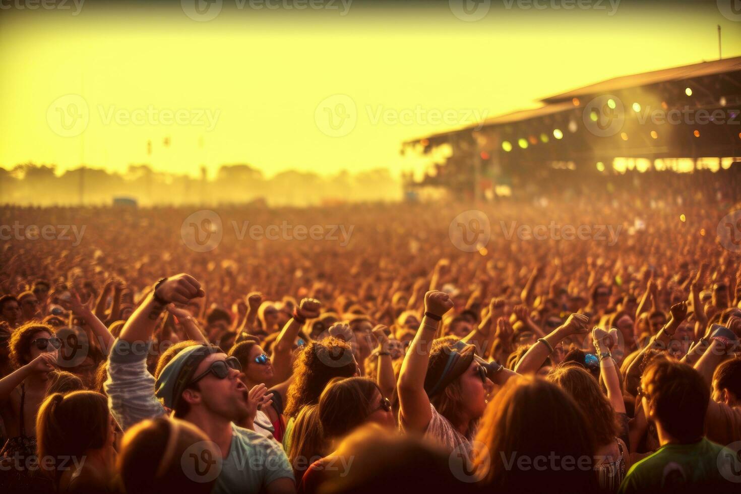The vibrant atmosphere of a music festival with a crowd of enthusiastic fans cheering for their favorite band. Generative AI photo
