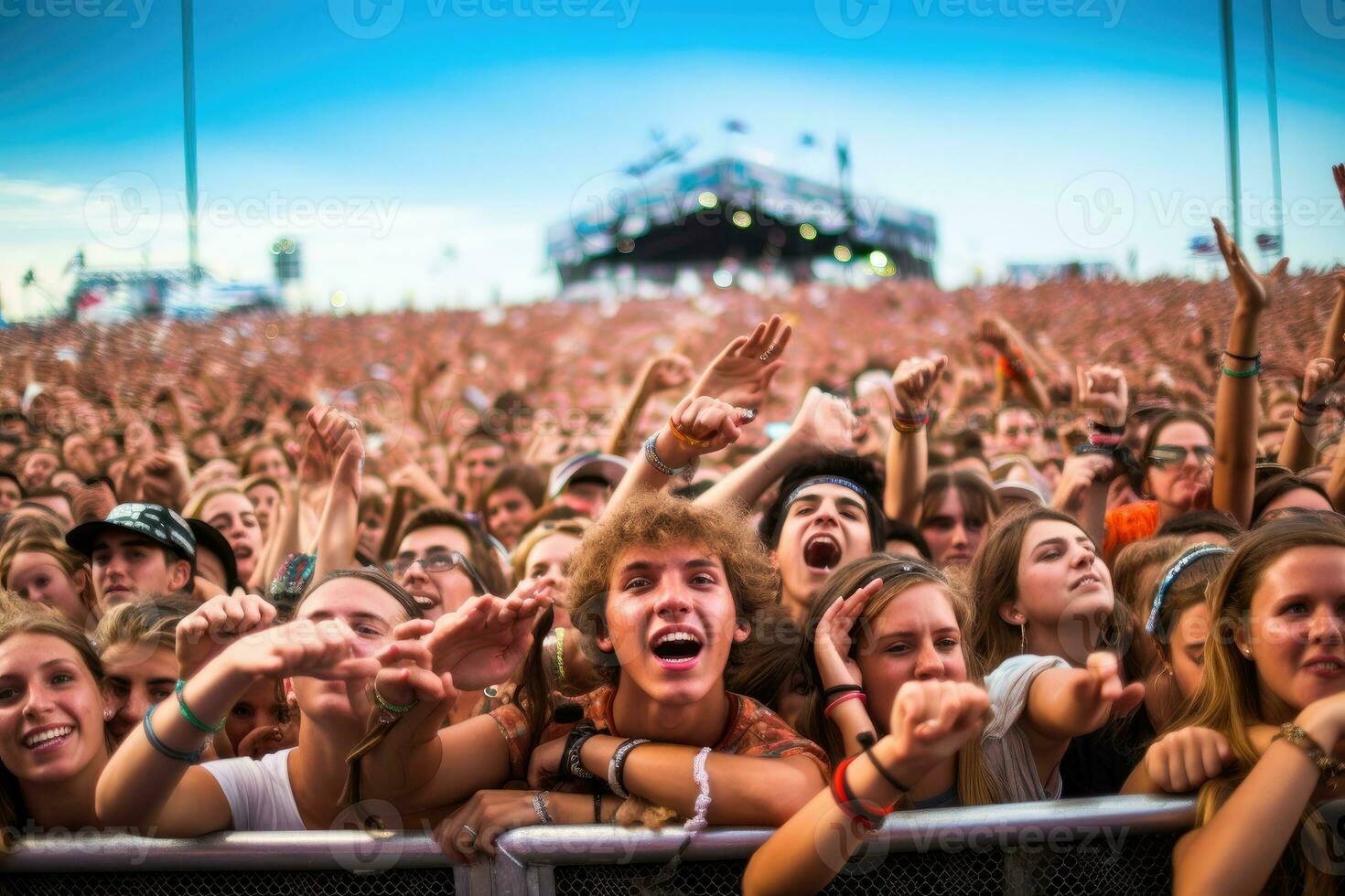 The vibrant atmosphere of a music festival with a crowd of enthusiastic fans cheering for their favorite band. Generative AI photo