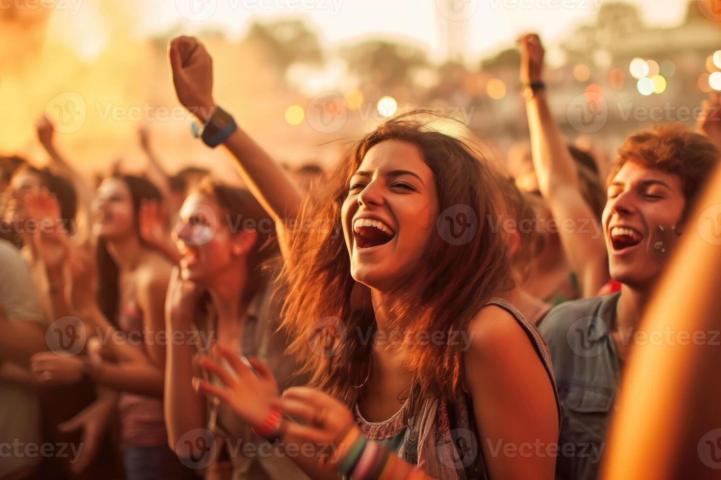 el vibrante atmósfera de un música festival con un multitud de entusiasta aficionados aplausos para su favorito banda. generativo ai foto