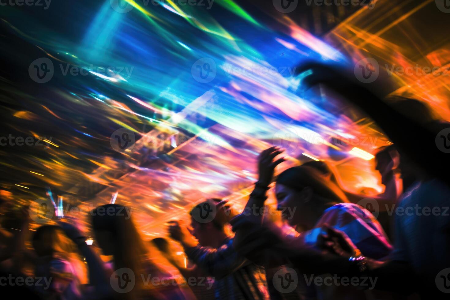 The vibrant energy of a crowded nightclub with colorful lights and pulsating music. Motion blur, highlighting the dynamic dance moves of the beautiful girls and guys. Generative AI photo