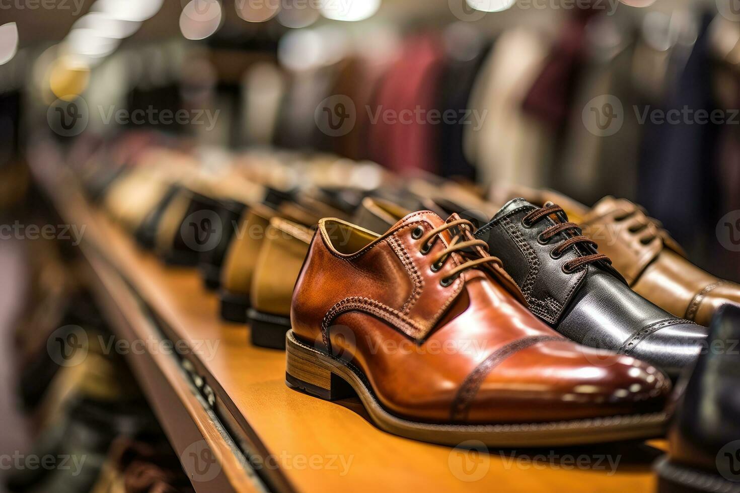 A close - up shot of a rack of shoes in a high - end shoe store.  Generative AI photo