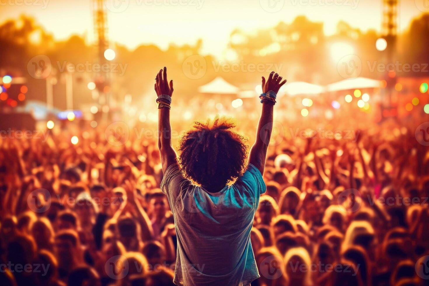 The vibrant atmosphere of a music festival with a crowd of enthusiastic fans cheering for their favorite band. Generative AI photo