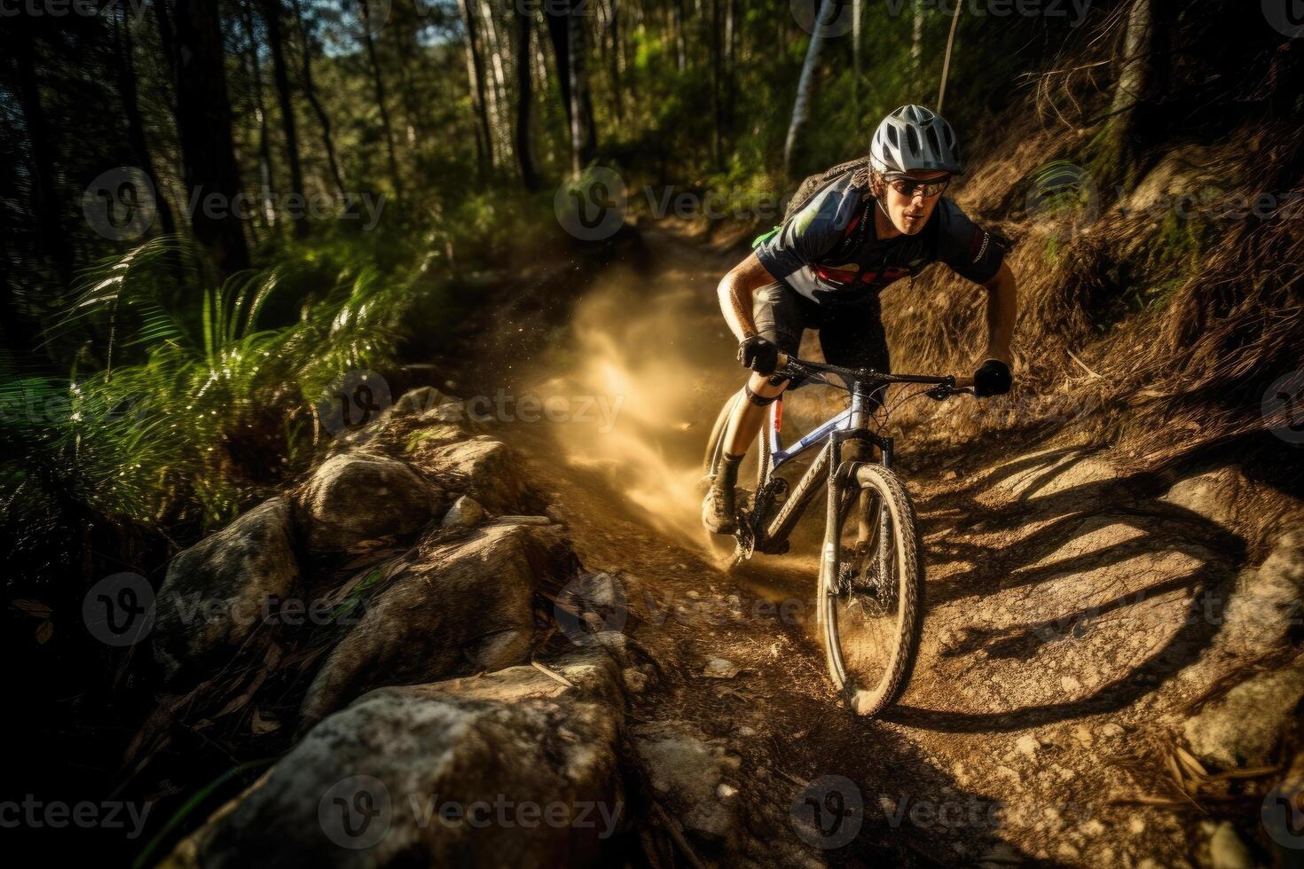 An action shot of a mountain biker speeding downhill on a rugged trail. photo