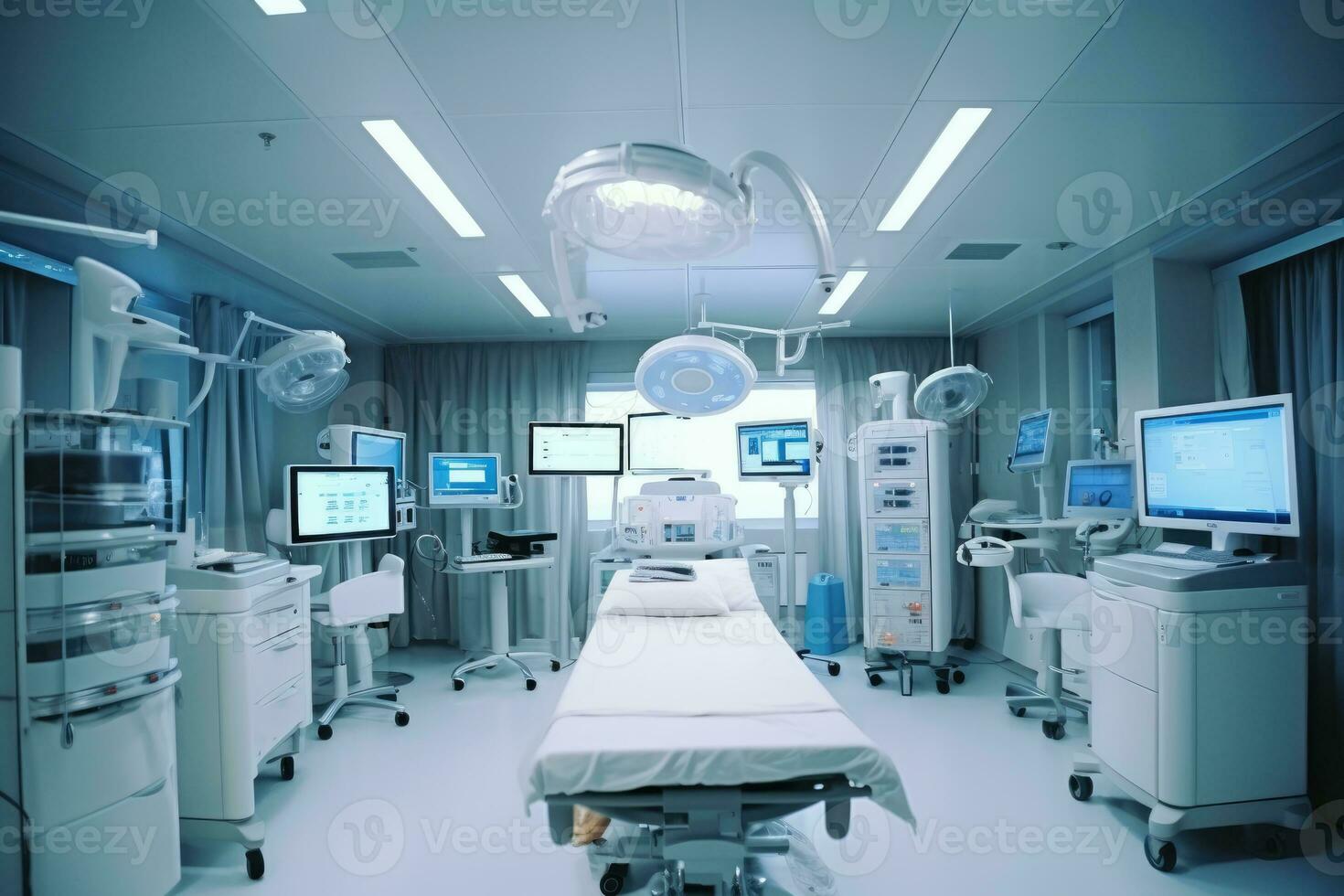 un amplio - ángulo Disparo de un hospital habitación interior, enfoque en el moderno médico equipo y tecnología. generativo ai foto