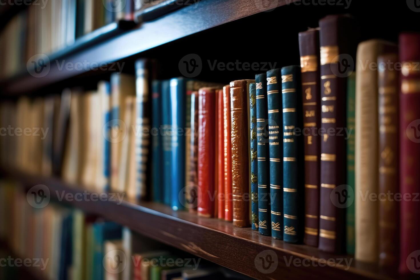 A shot of a row of neatly arranged library books on a shelf.  Generative AI photo