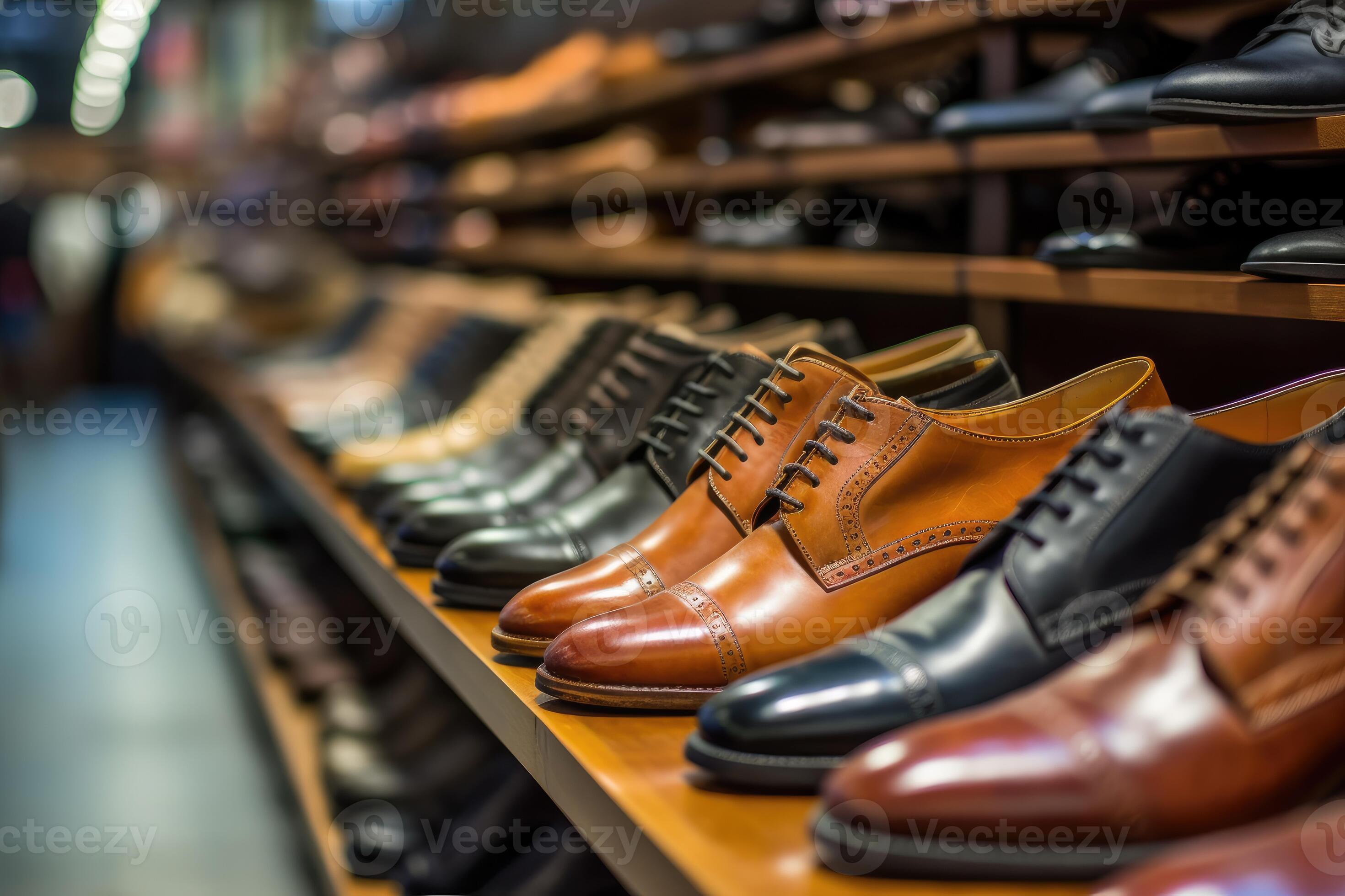 A close up shot of a rack of shoes in a high end shoe store