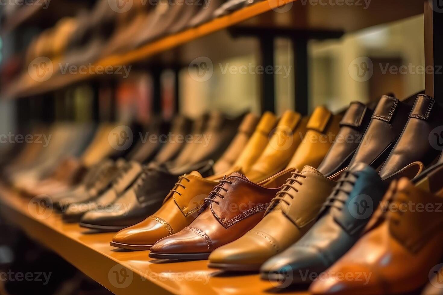 A close - up shot of a rack of shoes in a high - end shoe store.  Generative AI photo