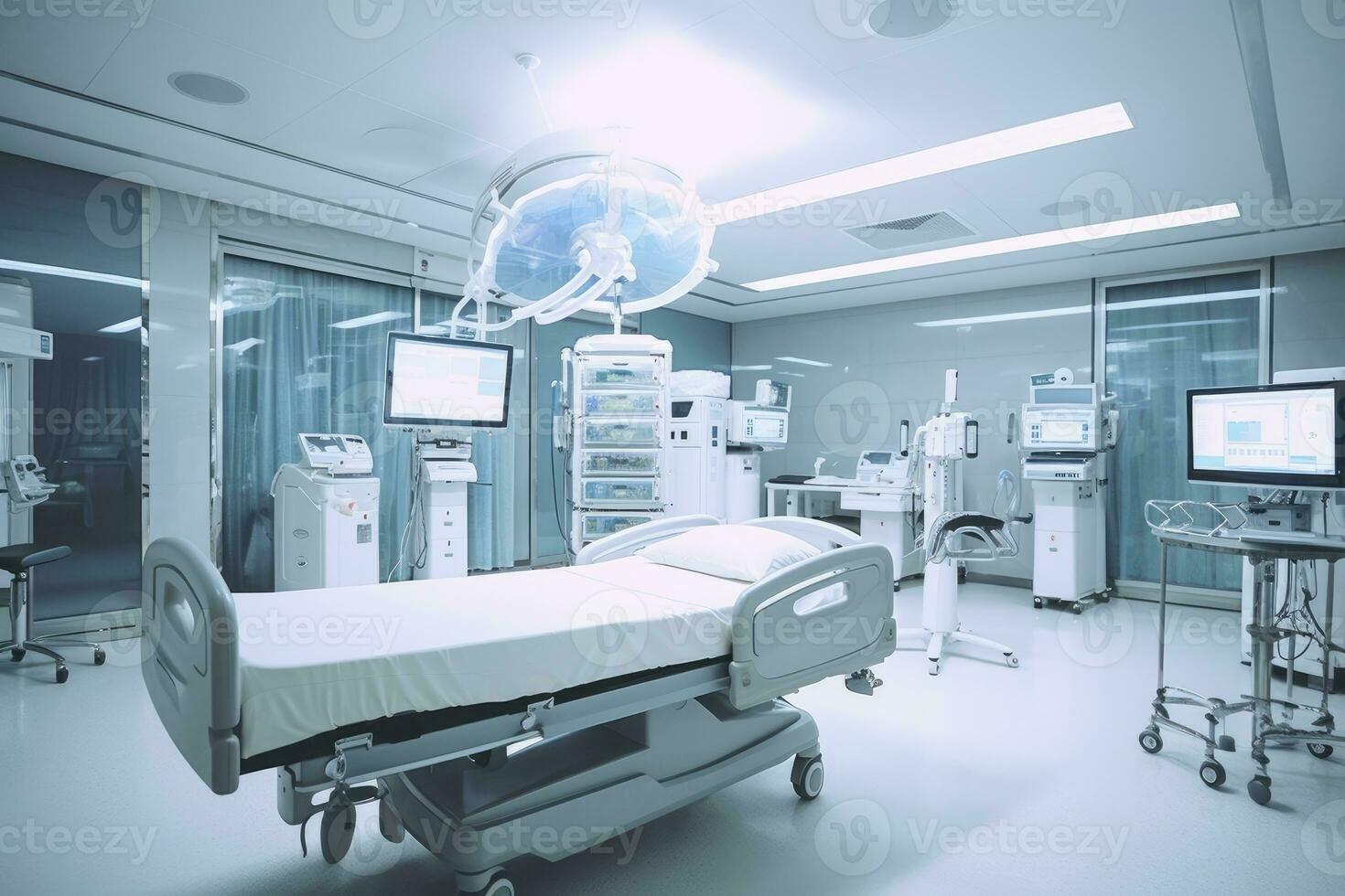 A wide - angle shot of a hospital room interior, focusing on the modern medical equipment and technology. Generative AI photo