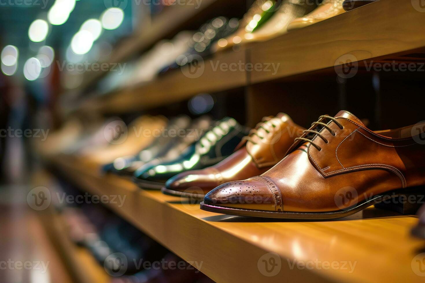 A close - up shot of a rack of shoes in a high - end shoe store.  Generative AI photo
