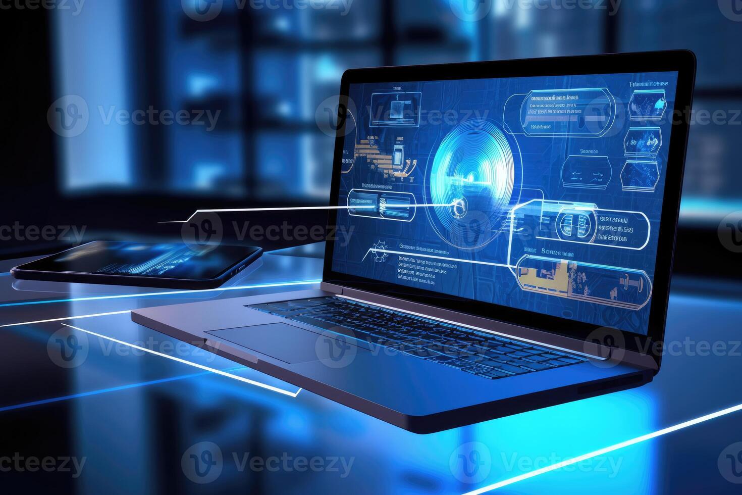 A striking image of cutting edge technology in a business setting, such as a close - up of a sleek laptop, a smartphone with a futuristic display, or a high - tech conference room setup. photo