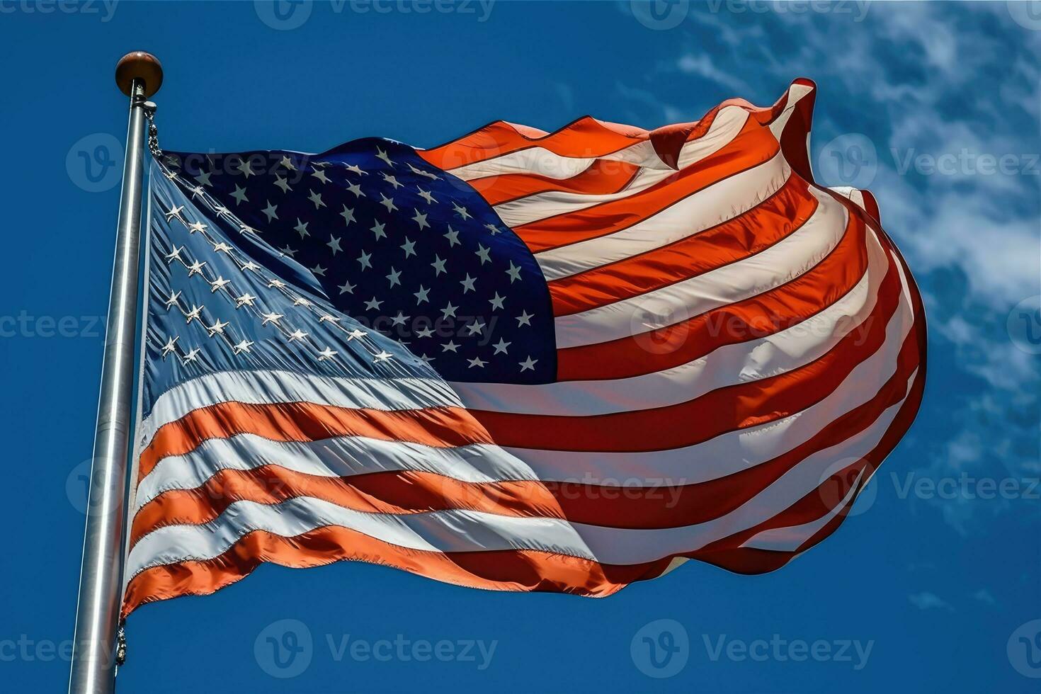 un poderoso imagen de un americano bandera ondulación con orgullo en el viento en contra un claro azul cielo. generativo ai foto