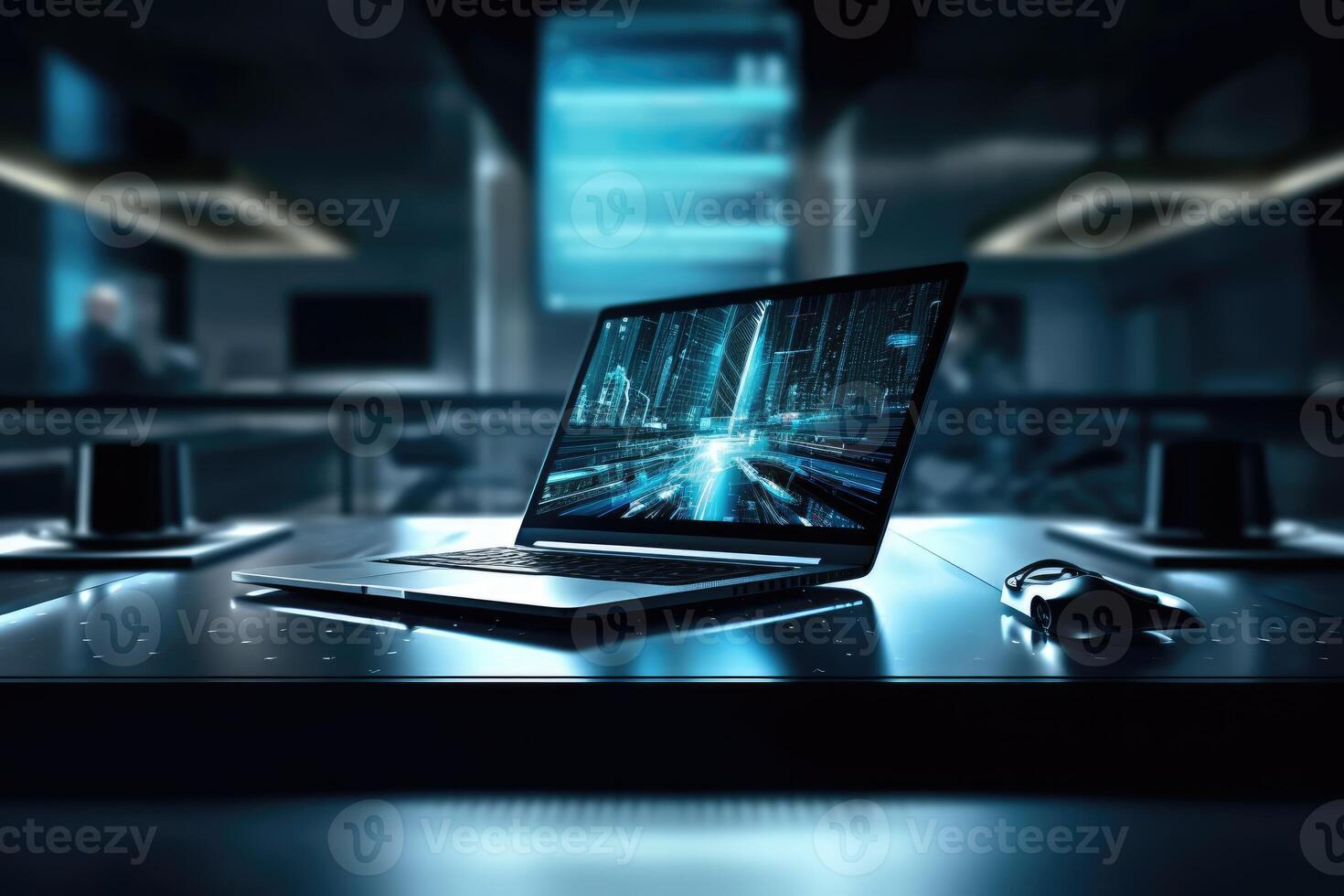 A striking image of cutting edge technology in a business setting, such as a close - up of a sleek laptop, a smartphone with a futuristic display, or a high - tech conference room setup. photo