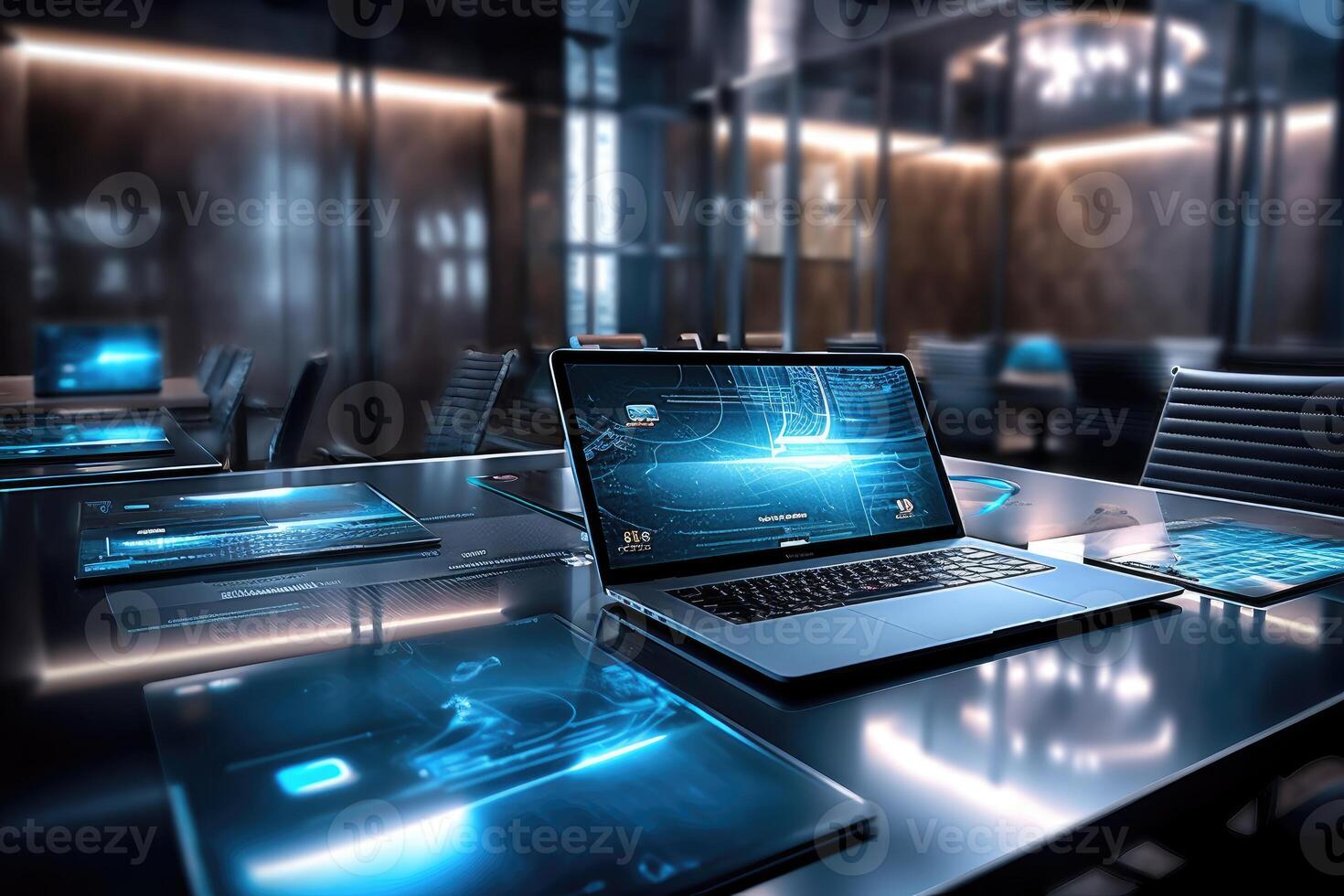 A striking image of cutting edge technology in a business setting, such as a close - up of a sleek laptop, a smartphone with a futuristic display, or a high - tech conference room setup. photo