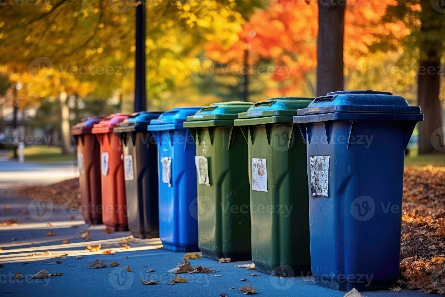 un Disparo de un fila de reciclaje contenedores en un bien - mantenido ciudad parque. generativo ai foto