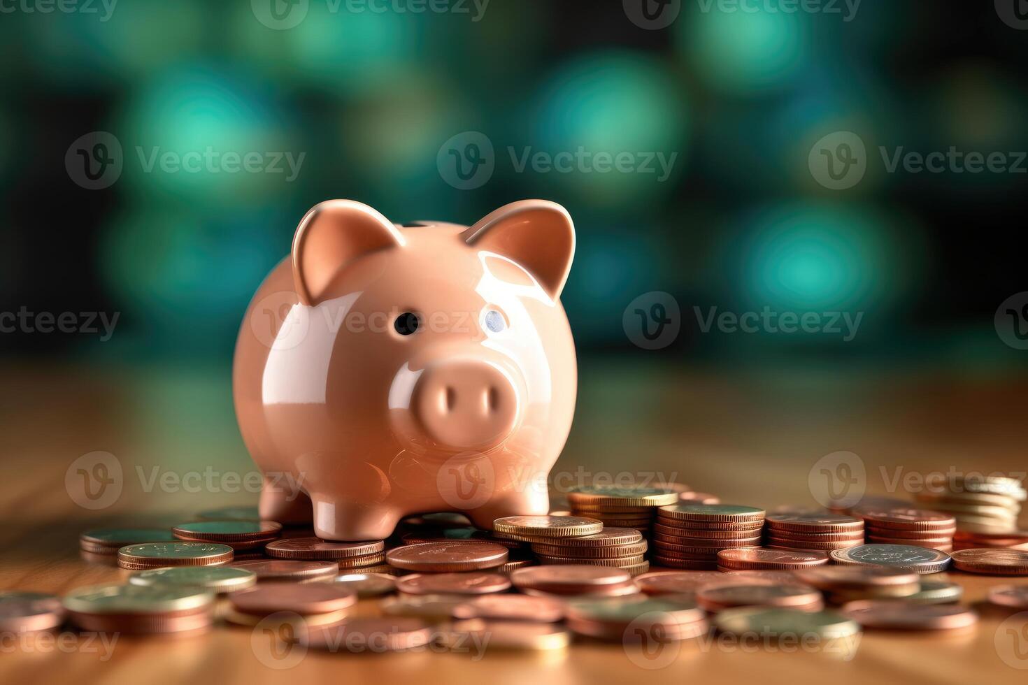 Concept of saving a piggy bank full of coins and banknotes for the future. photo