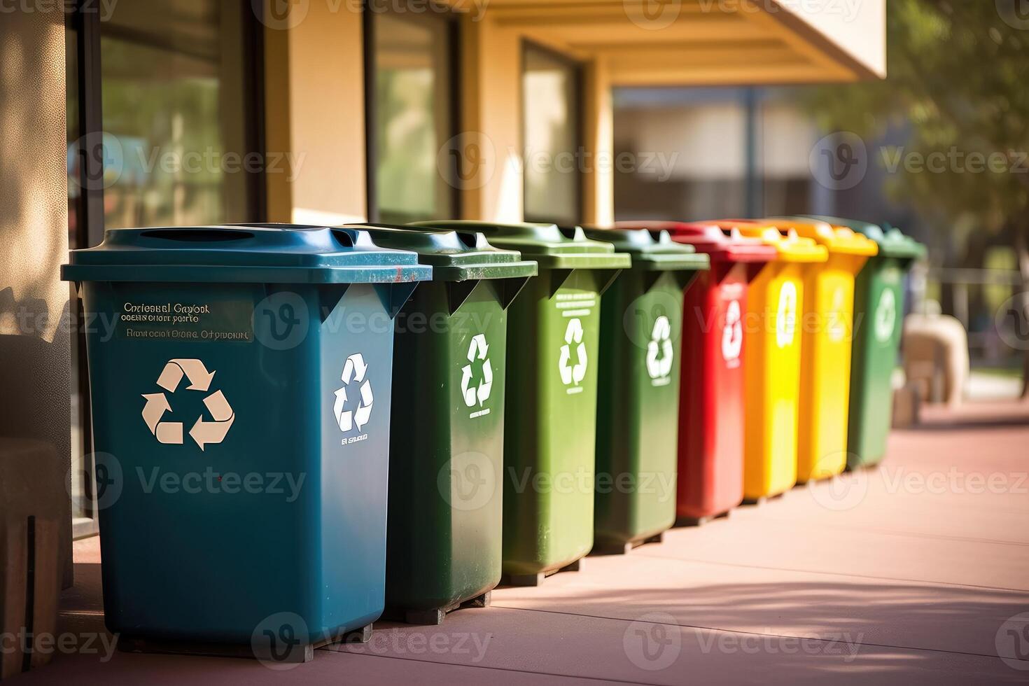 A shot of a row of recycling bins in a well - maintained city park. Generative AI photo