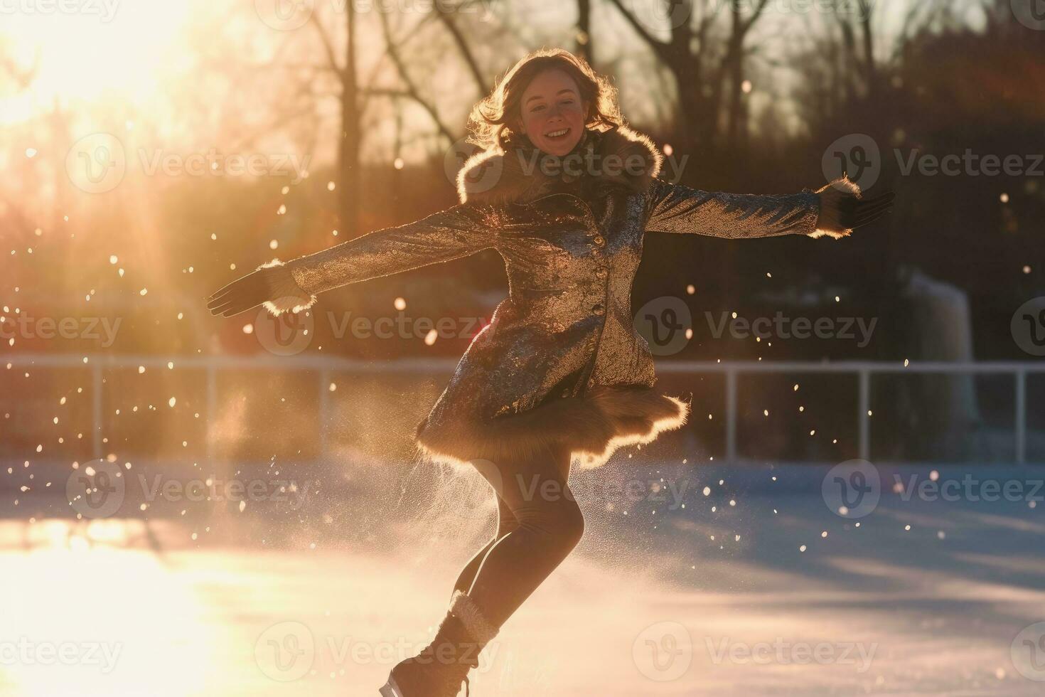 Photo of a figure skater gracefully performing a spin or jump on an outdoor ice rink. Generative AI