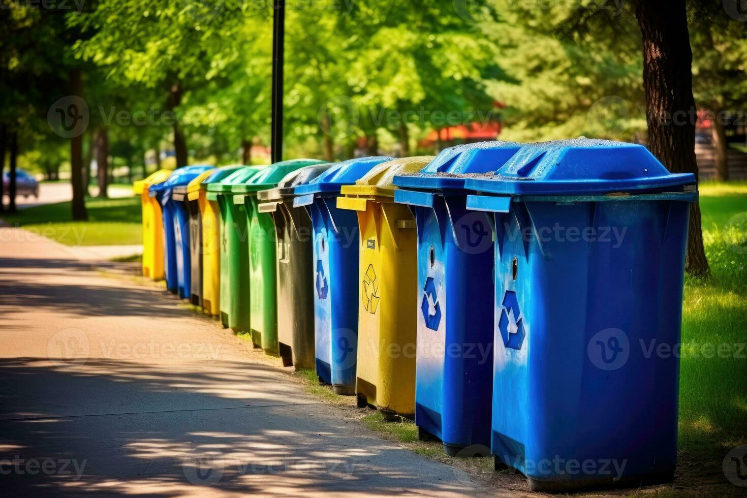 A shot of a row of recycling bins in a well - maintained city park. Generative AI photo