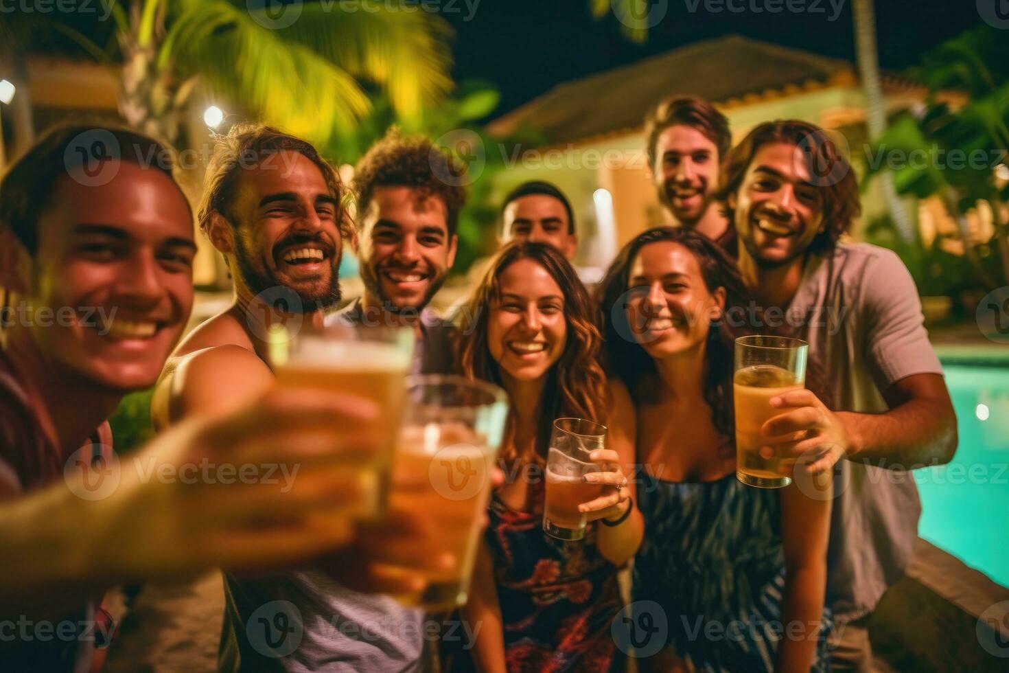 grupo de amigos disfrutando un noche por el piscina en el de la villa jardín, tintinamente su cervezas juntos en celebracion. generativo ai foto