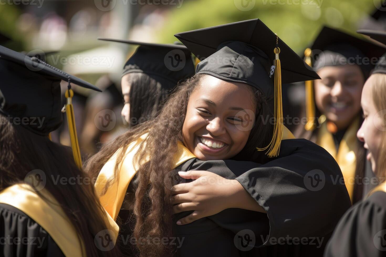 A candid shot of a group of graduates hugging and congratulating each other. Generative AI photo