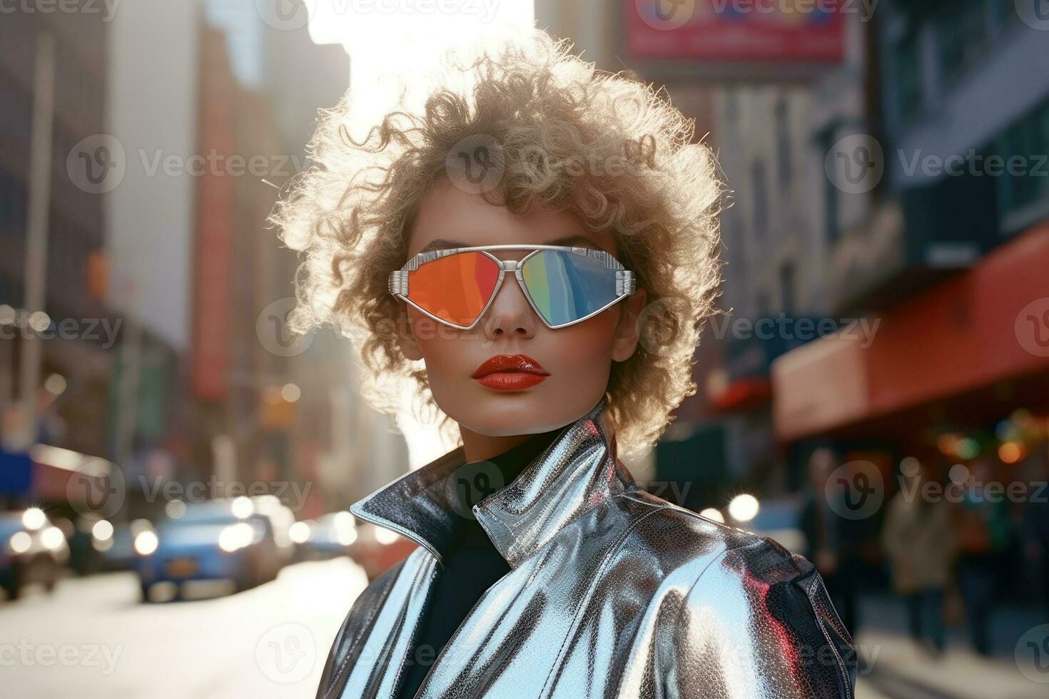 Futuristic and stylish 1980s fashion female model poses on the streets of the city during the daytime. Generative AI photo