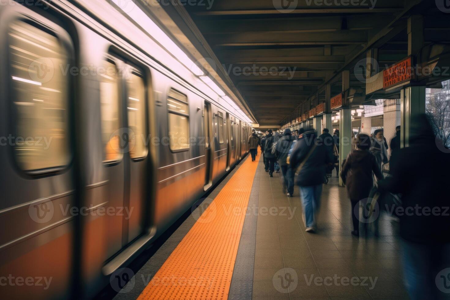 Wide - angle shot of a crowded subway station during rush hour, highlighting the efficiency and capacity of public transportation. photo