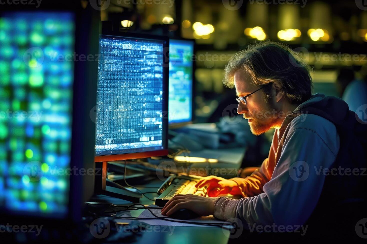 A scientist analyzing data on a computer in a research lab. photo