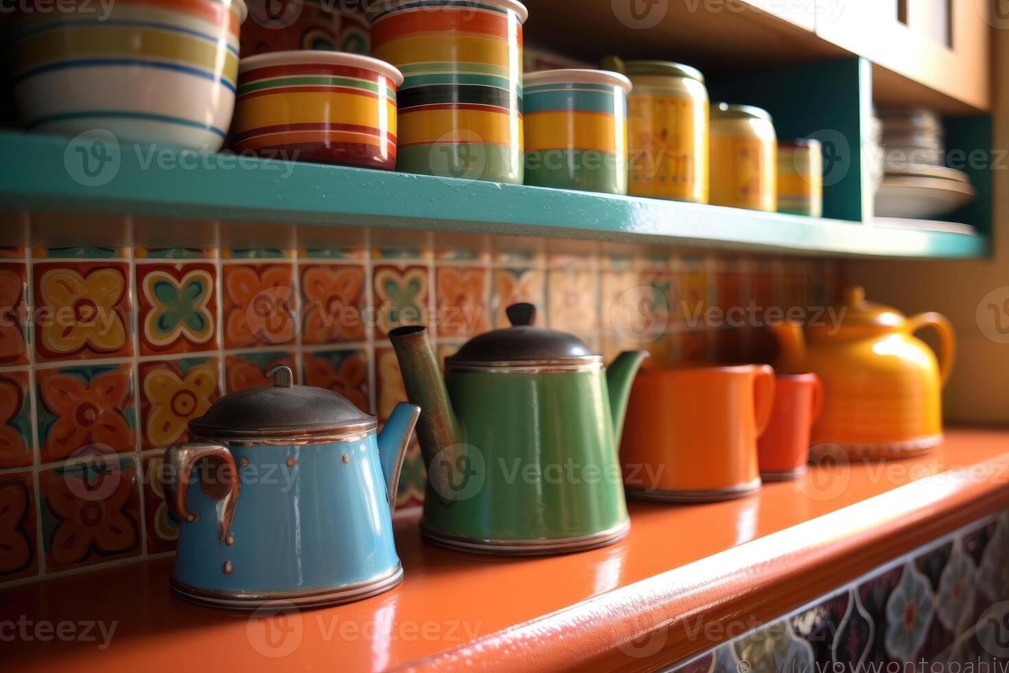 A well - composed shot of a retro - style kitchen. photo