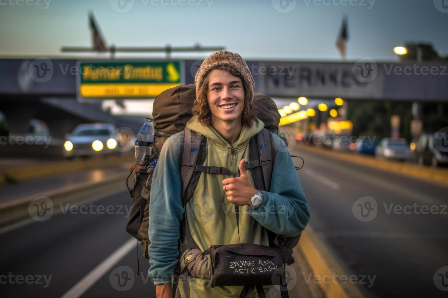 un foto de un mochilero participación un firmar con el nombre de su deseado destino, en pie a un ocupado autopista unión. generativo ai