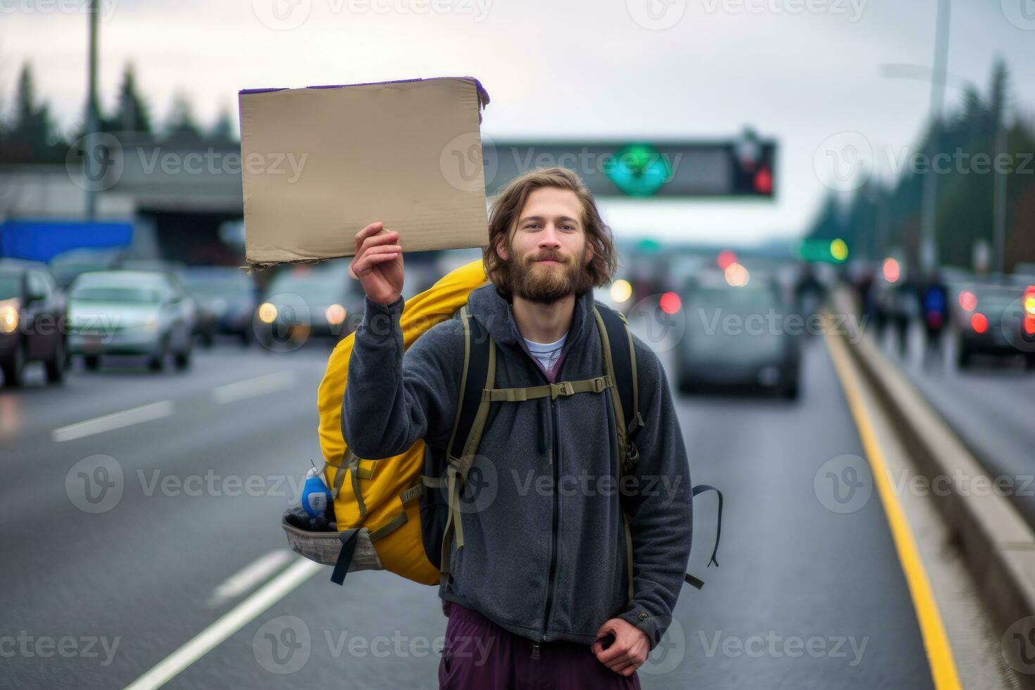 un foto de un mochilero participación un firmar con el nombre de su deseado destino, en pie a un ocupado autopista unión. generativo ai