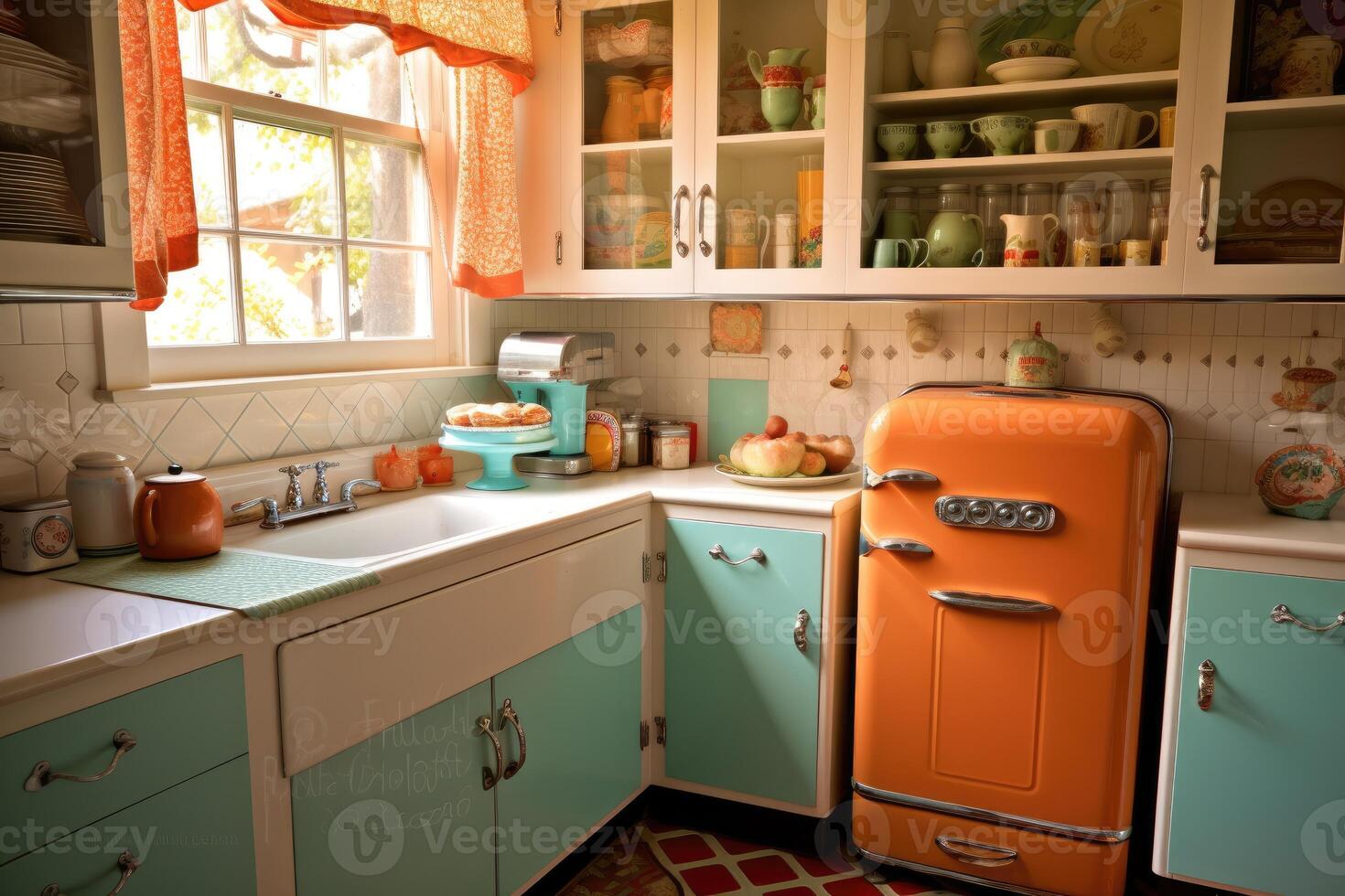 A well - composed shot of a retro - style kitchen.Generative AI photo