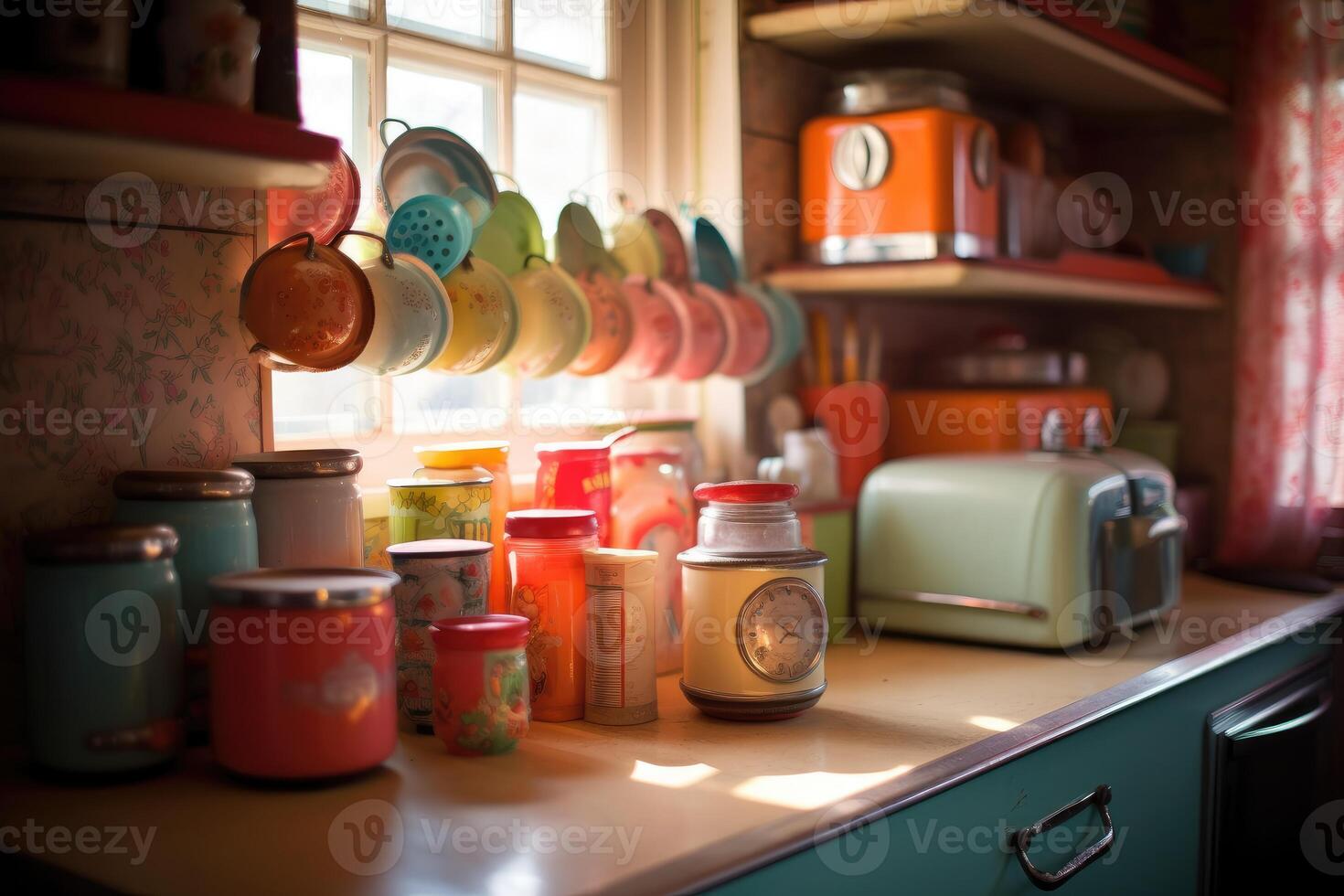 A well - composed shot of a retro - style kitchen. photo