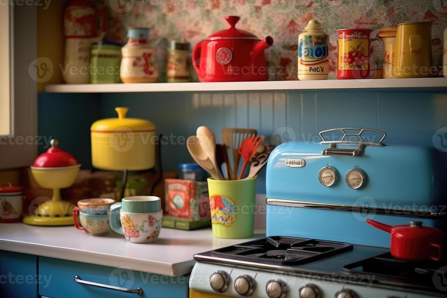 A well - composed shot of a retro - style kitchen. photo