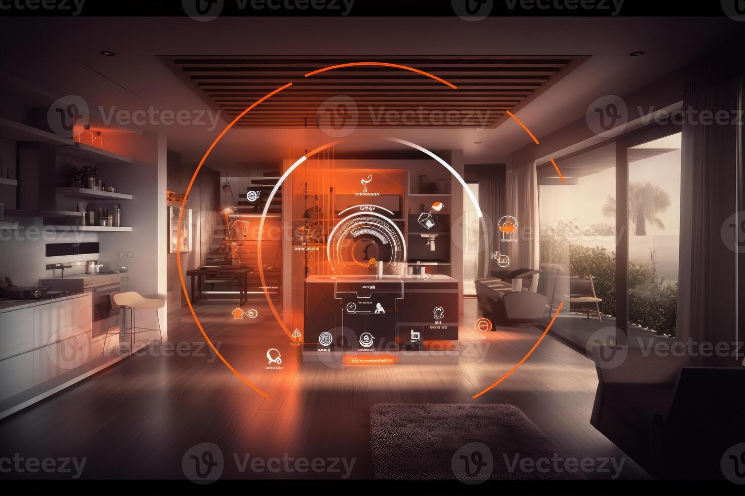 Photo of a futuristic smart home, showcasing automated systems and interconnected devices.