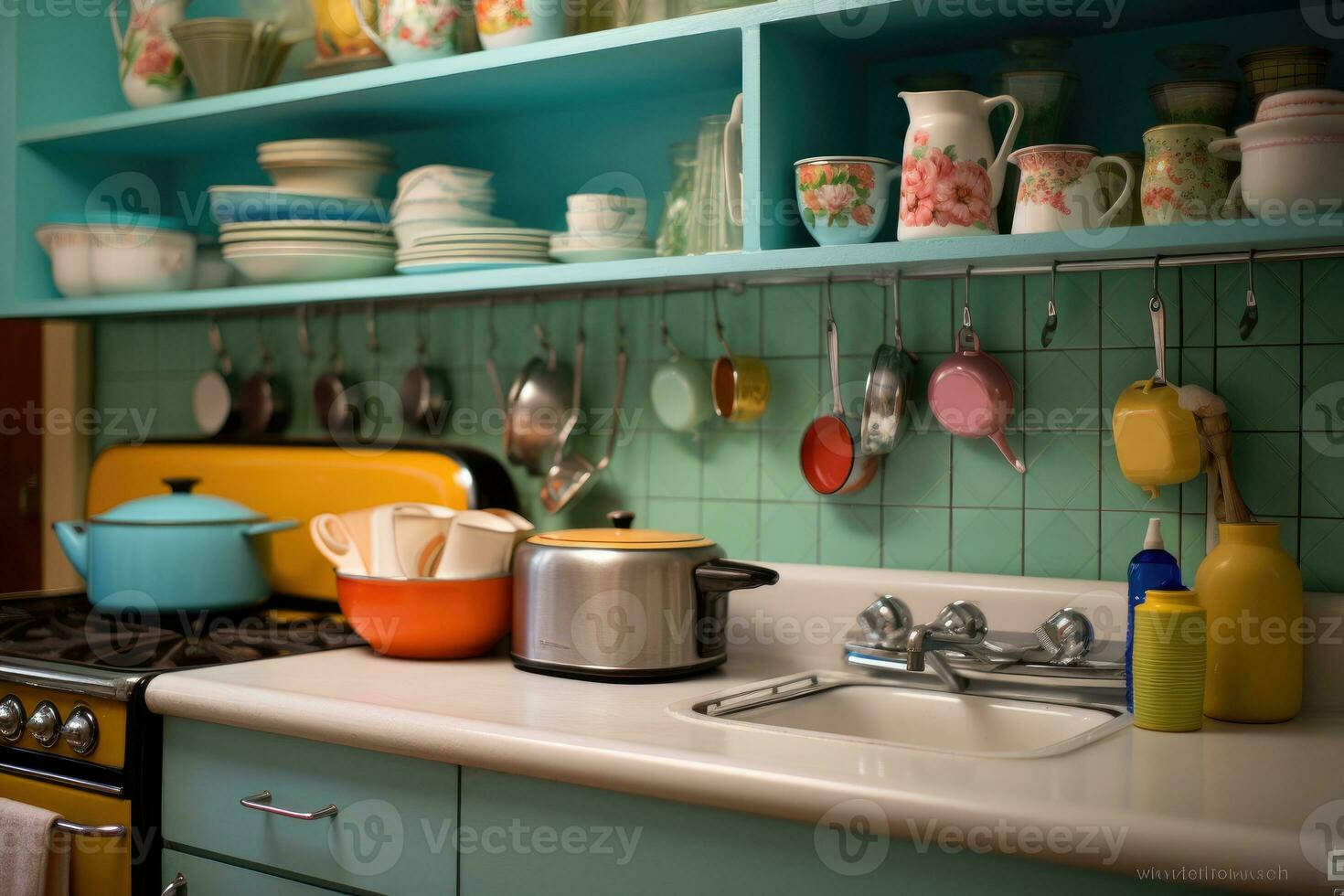A well - composed shot of a retro - style kitchen.Generative AI photo