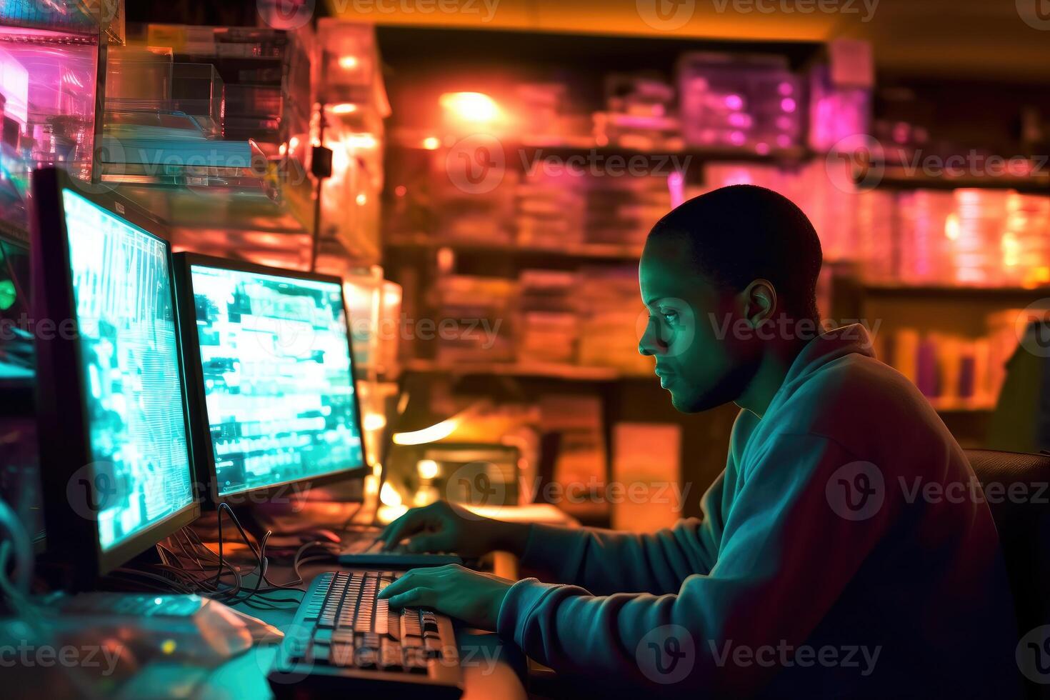 A scientist analyzing data on a computer in a research lab. photo