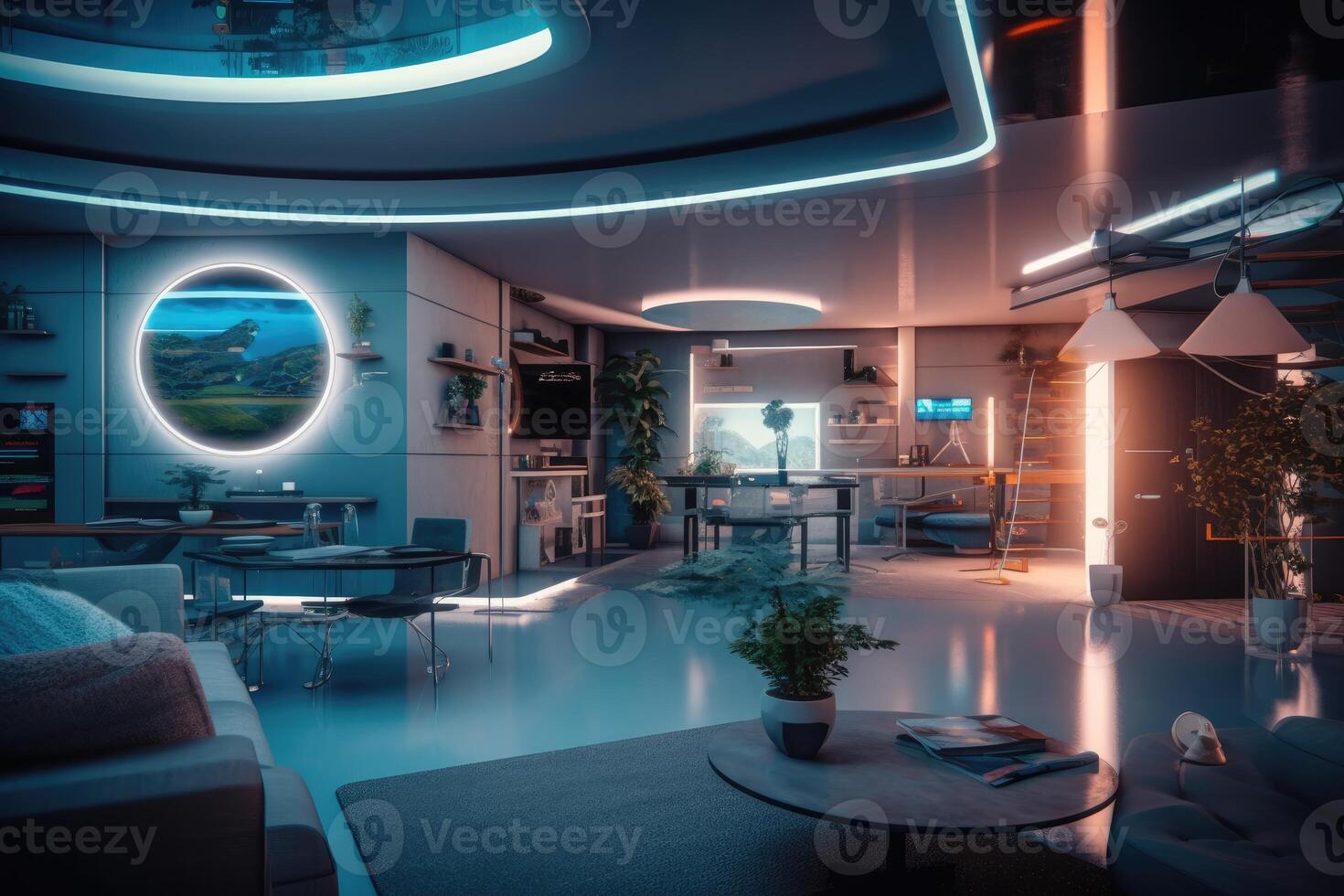 Photo of a futuristic smart home, showcasing automated systems and interconnected devices.
