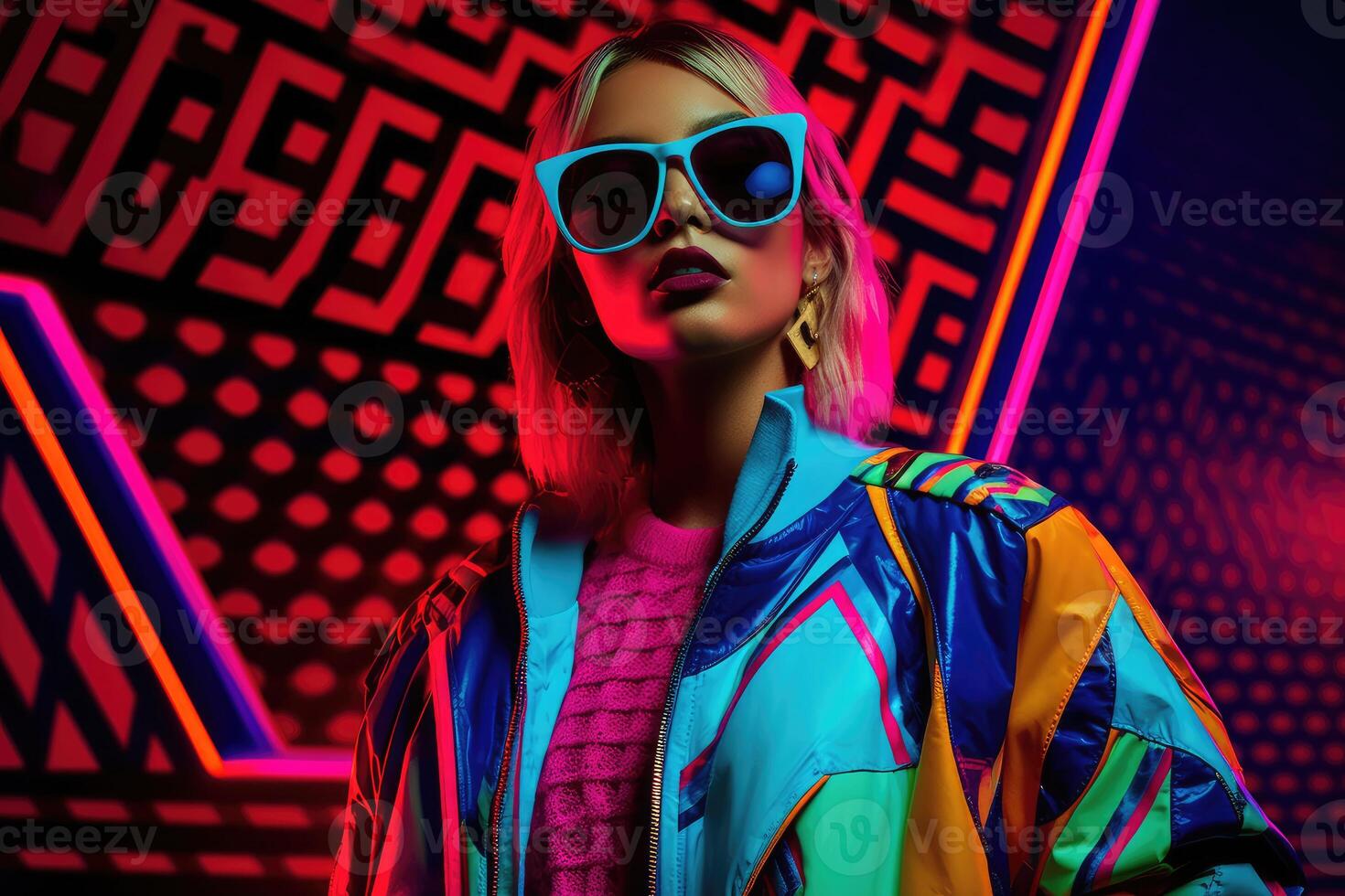 Futuristic and stylish 1980s fashion female model poses in a place with neon geometric lights behind her. photo