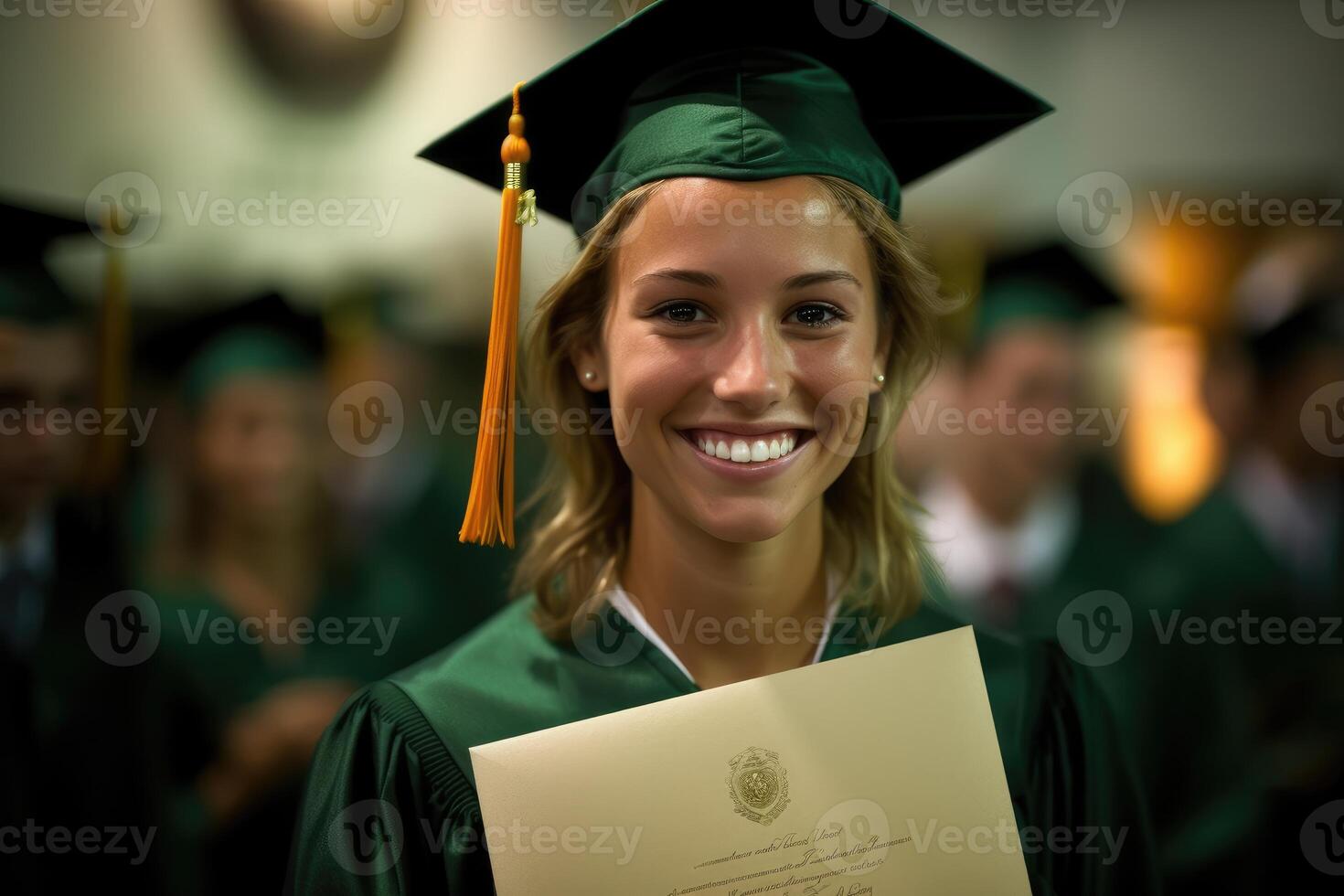 A close - up shot of a caucasian woman graduate holding their diploma with a proud smile on their face. photo